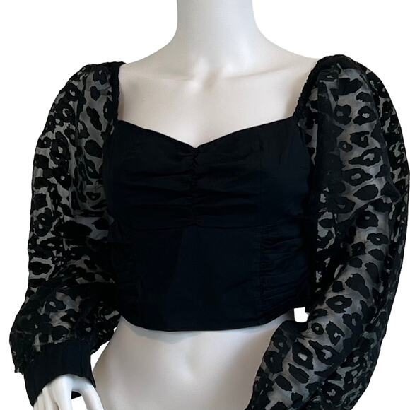 Women's Zara Contrasting Animal Print Organza Puff Sleeve Crop Top Black - Picture 4 of 13